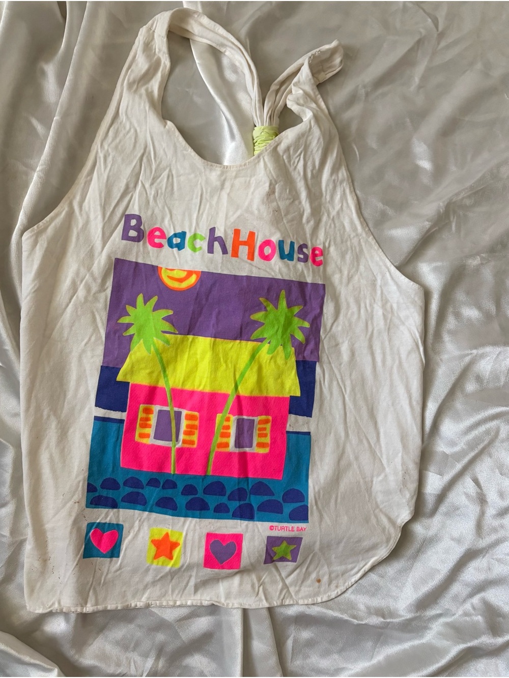 Vintage BeachHouse Graphic Tank Top - White with Neon Print